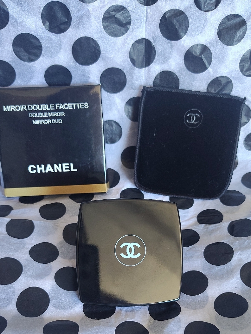 CHANEL Black Double-Sided Compact Mirror with Velvet Pouch